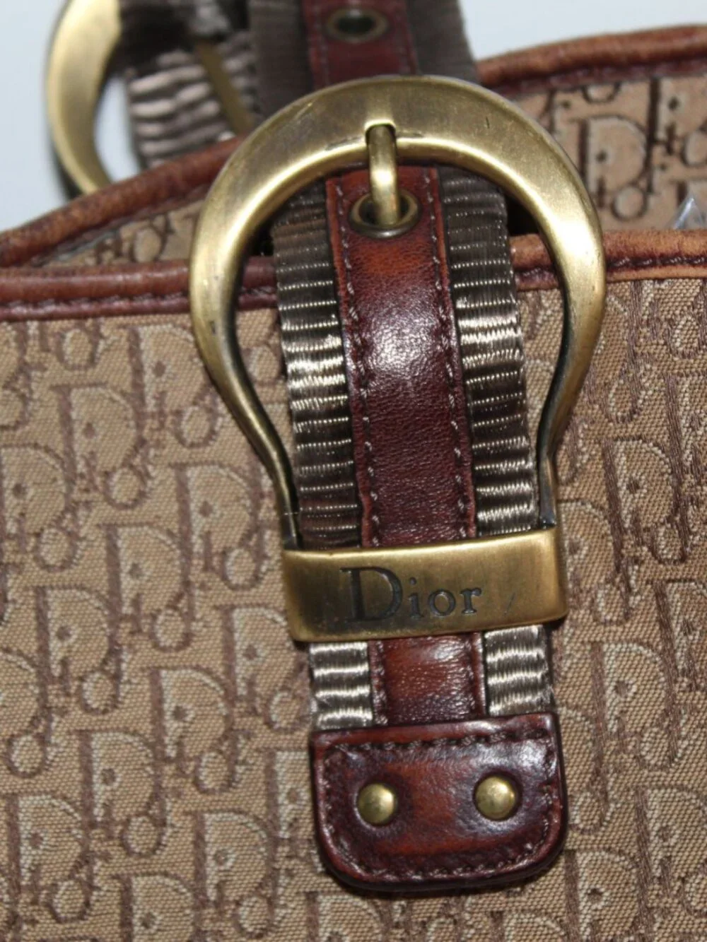 Christian Dior Vintage Trotter Canvas Tote Monogram  Brown Buckle Shoulder Bag